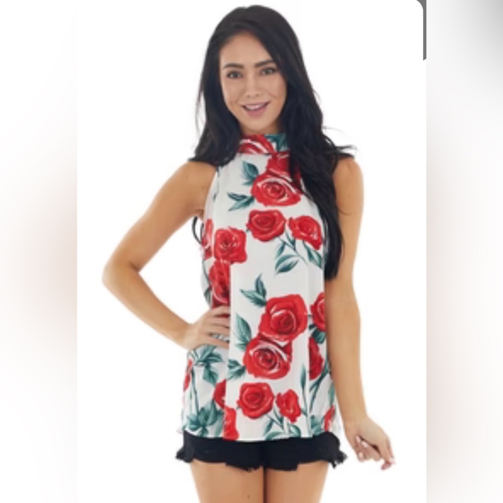 Floral Sleeveless Top with Red Roses